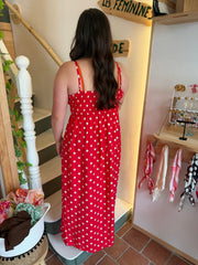Robe longue rouge à pois