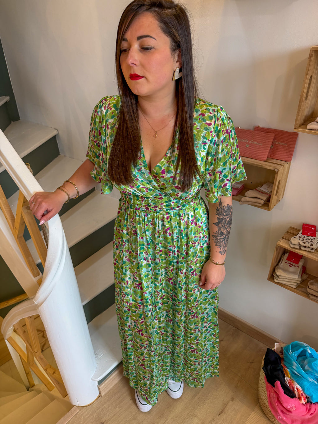 Robe longue florale verte