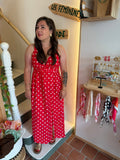 Robe longue rouge à pois