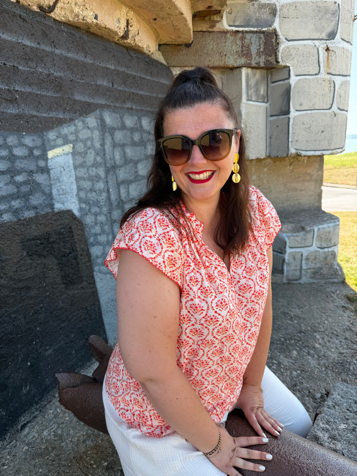 Blouse florale corail et blanc - Plus size