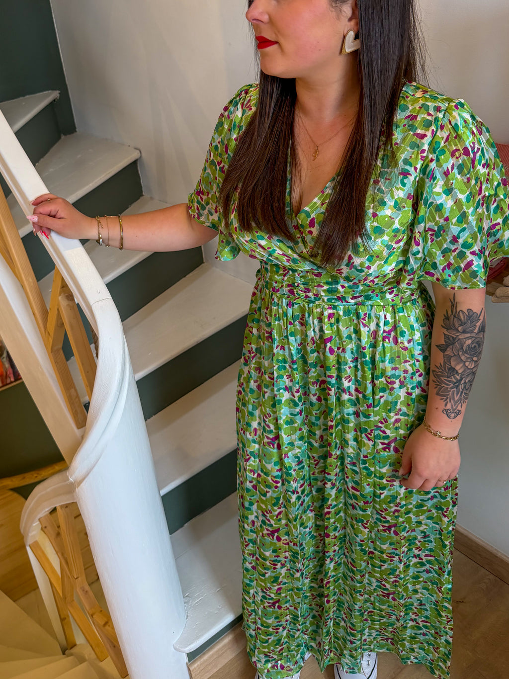 Robe longue florale verte