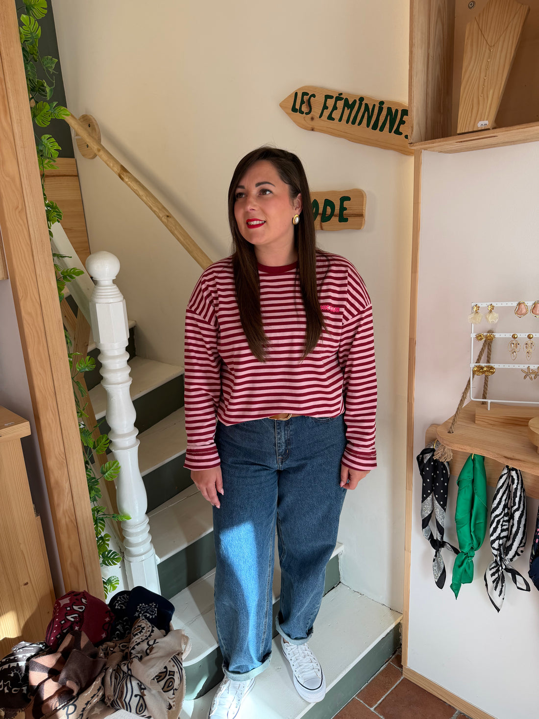 T-shirt manches longues rayé bordeaux & rose
