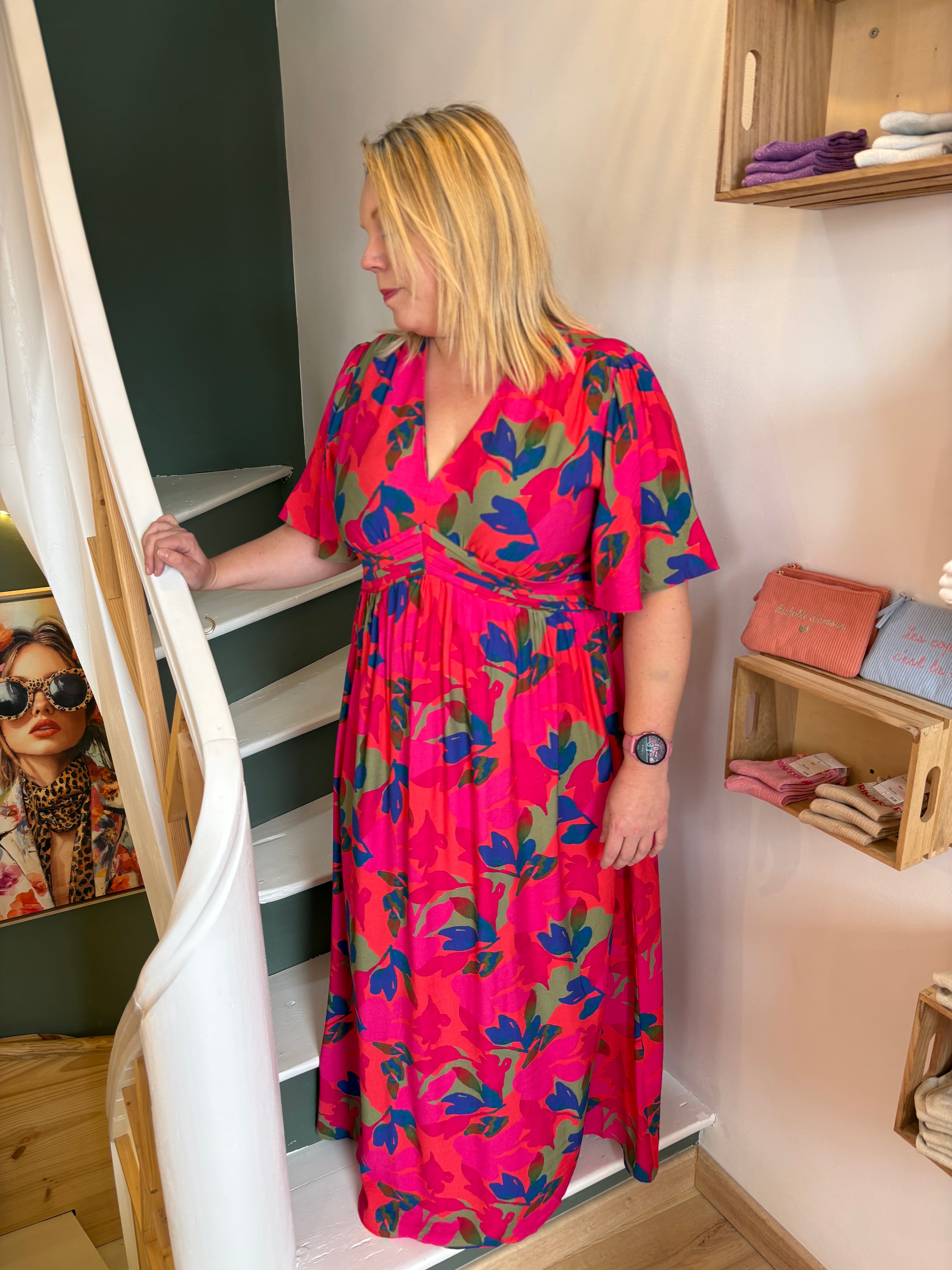 Robe longue rose fleurie - Plus size