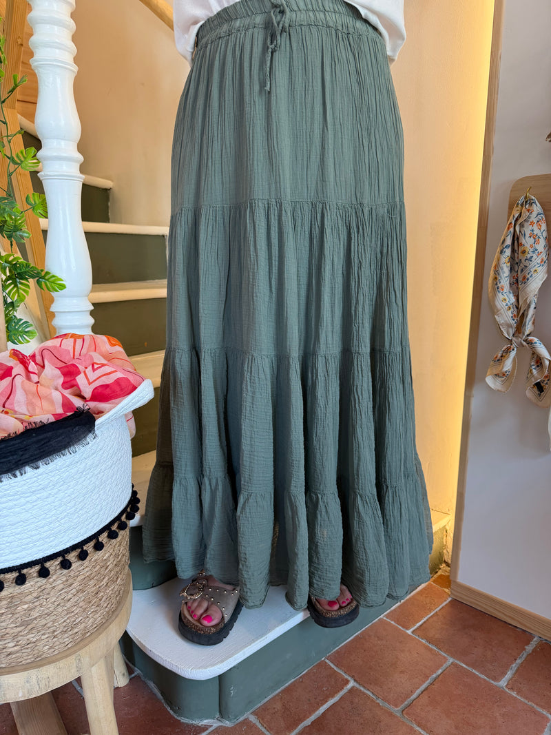 Jupe longue bohème en gaze de coton kaki